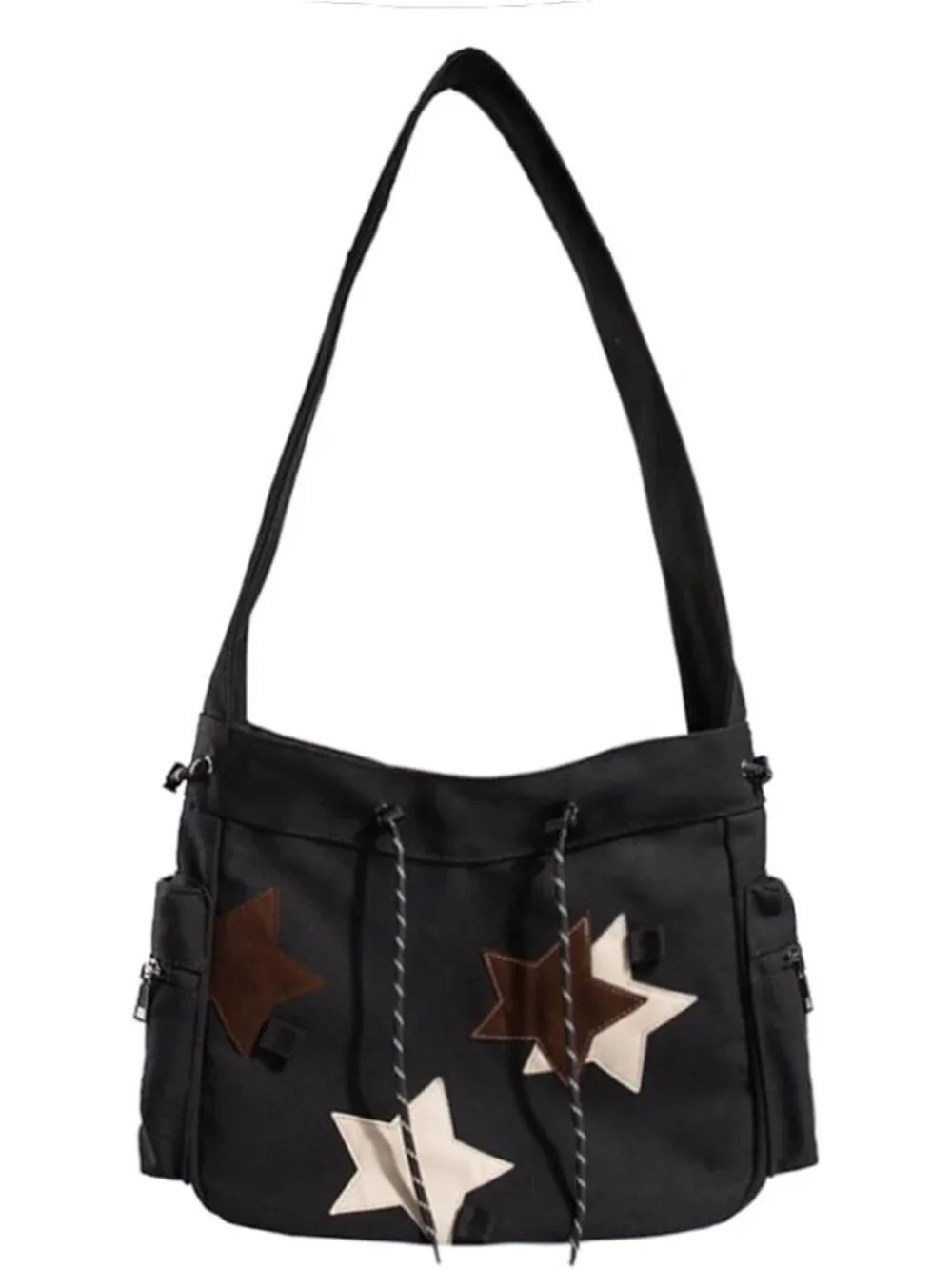 Women's Black Zipper Kawaii Corduroy Star Aesthetic Crossbody Shoulder Bag